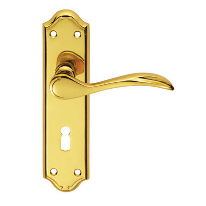 2x PAIR Curved Door Handle Lever on Lock Backplate 180 x 45mm Polished Brass Loops
