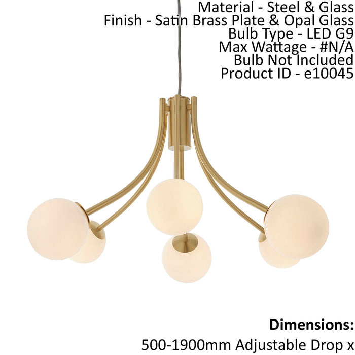 Ceiling Pendant Light Satin Brass Plate & Opal Glass 6 x 3W LED G9 Loops