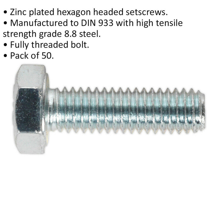 50 PACK HT Setscrew - M6 x 20mm - Grade 8.8 Zinc - Fully Threaded - DIN 933 Loops