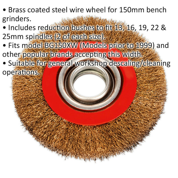 150 x 20mm Wire Brush Wheel - Brass Coated Steel - 32mm Bore - Bench Grinding Loops