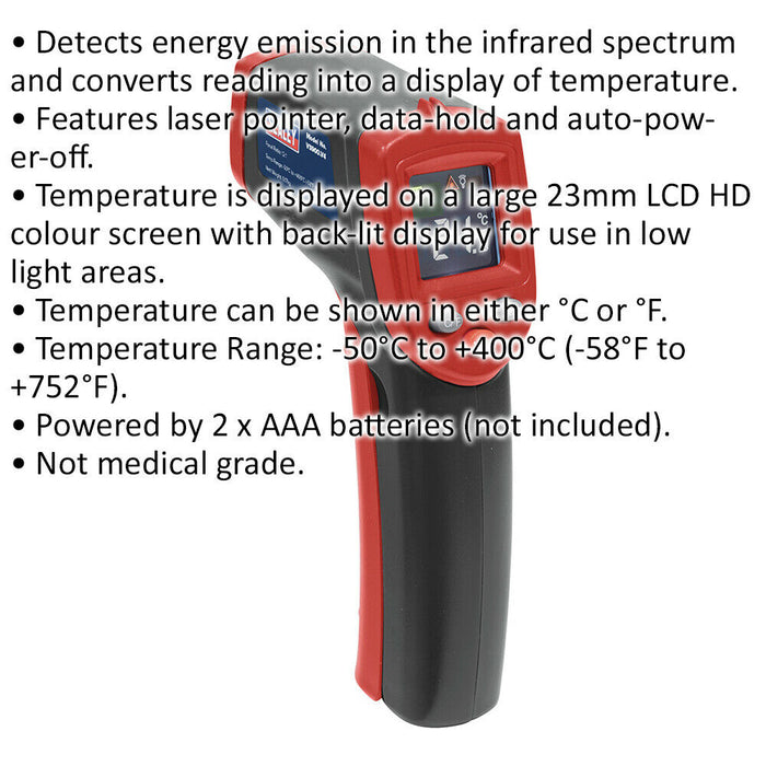 Infrared Laser Digital Thermometer - 400° Max Temperature - Battery Powered Loops