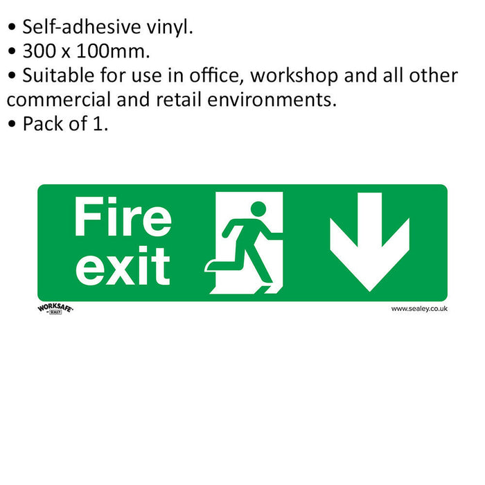 1x FIRE EXIT (DOWN) Health & Safety Sign - Self Adhesive 300 x 100mm Sticker Loops