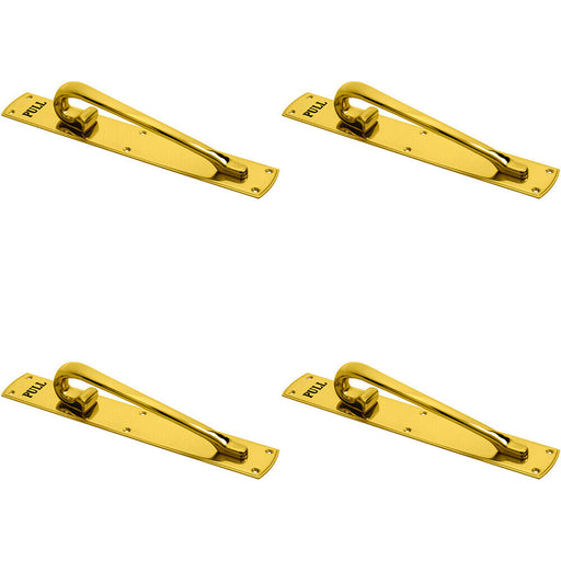 4x Curved Left Handed Door Pull Handle Engraved with 'Pull' Polished Brass Loops