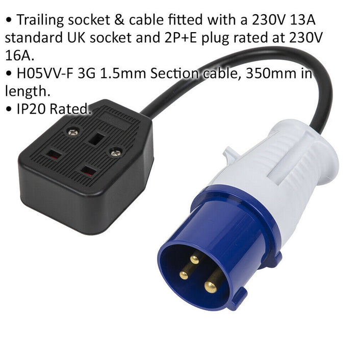 350mm Trailing Socket & Cable Set - 13A UK Plug Socket & 16A 2P+E Plug - 230V Loops