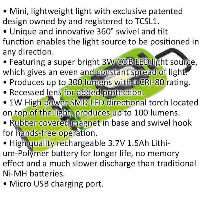 Lightweight Swivel Inspection Light - 3W COB & 1W SMD LED - Rechargeable - Green Loops