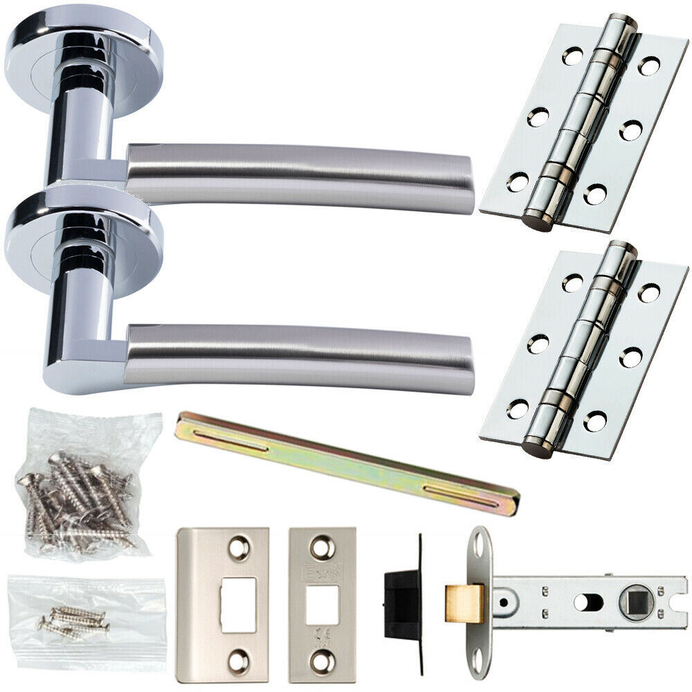 Door Handle & Latch Pack Chrome & Satin Nickel Curved Screwless Round Rose Loops