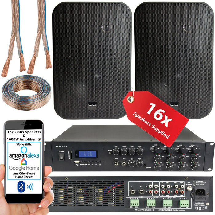 1600W Bluetooth Sound System 16x 200W Black Wall Speaker 8 Zone Matrix Amplifier