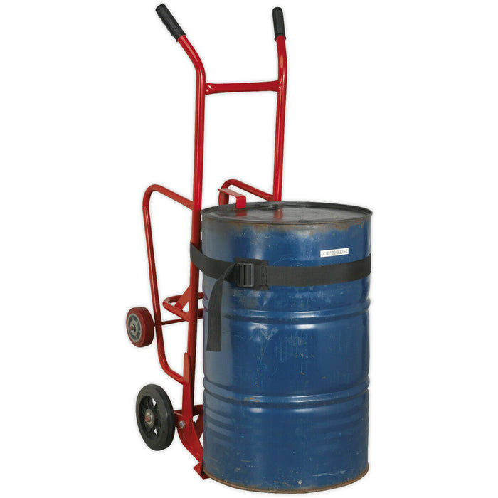 205L Drum Stillage Trolley - Spring Loaded Mechanism - Bracing Strap - Wheeled Loops