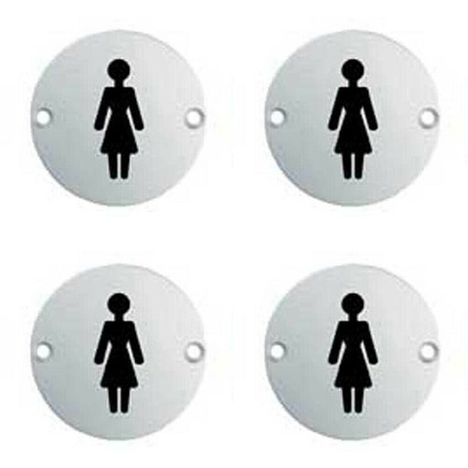 4x Bathroom Door Female Symbol Sign 64mm Fixing Centres 76mm Dia Polished Steel Loops
