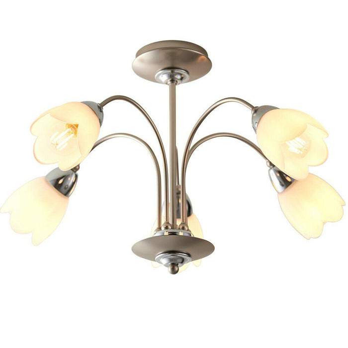 Semi Flush Ceiling Light Chrome & Opal 5 Bulb Shade Chandelier Dimmable Pendant Loops