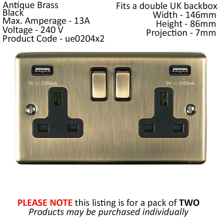 2 PACK 2 Gang Single UK Plug Socket & 2.1A USB ANTIQUE BRASS Black 13A Switched Loops