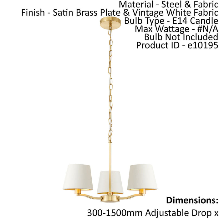 Ceiling Pendant Light Satin Brass & Vintage White Fabric 3 x 40W E14 e10195 Loops