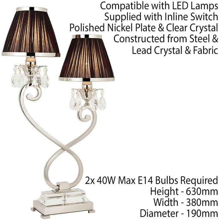 Esher Luxury Twin Table Lamp Nickel Crystal Black Shade Traditional Bulb Holder Loops