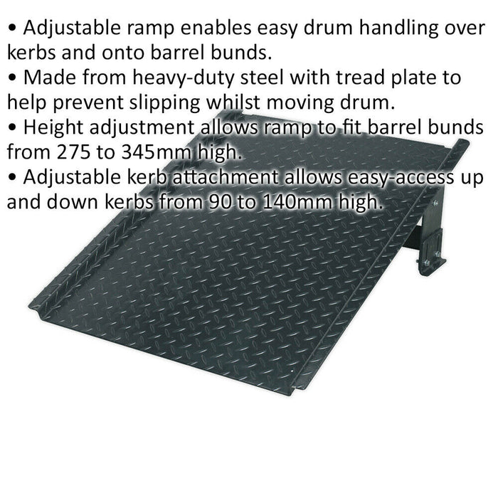 Adjustable Height Ramp for Barrel Bunds & Kerbs - Heavy Duty Steel - Tread Plate Loops