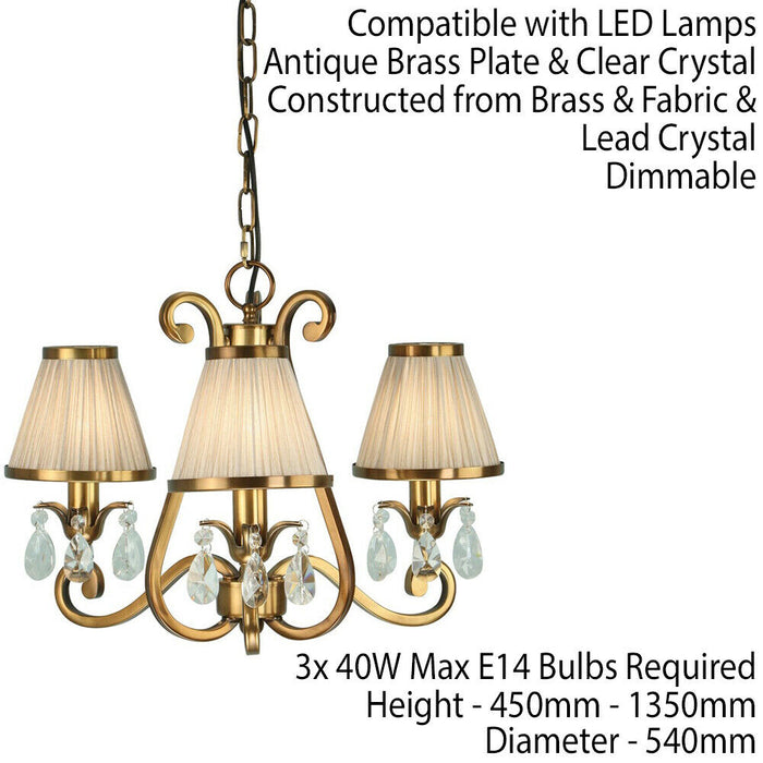 Esher Ceiling Pendant Chandelier Brass Crystal & Beige Shades 3 Lamp Light Loops
