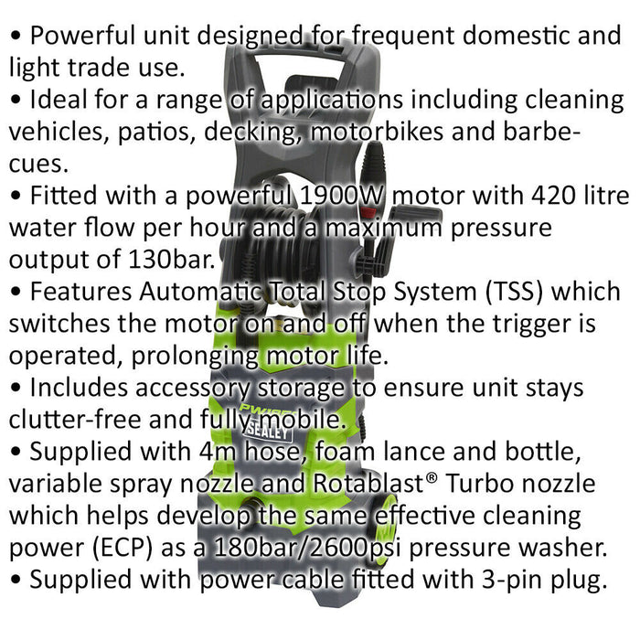 Pressure Washer with Total Stop System & Accessory Kit - 130bar - 1900W Motor Loops