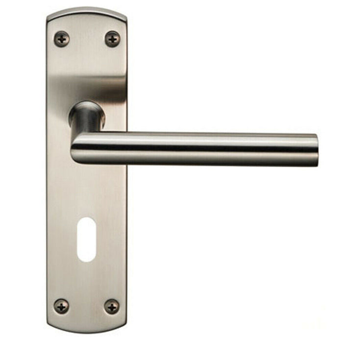 2x Mitred Lever Door Handle on Lock Backplate 172 x 44mm Satin Stainless Steel Loops