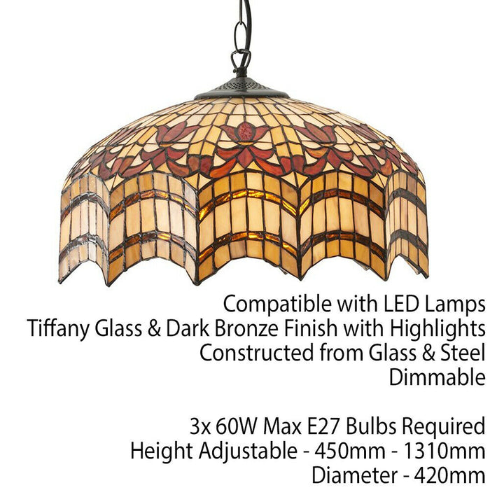 Tiffany Glass Hanging Ceiling Pendant Light Bronze & Scalloped Lamp Shade i00154 Loops