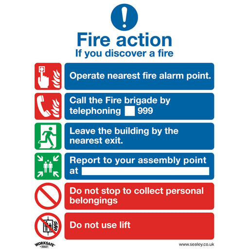 1x FIRE ACTION & LIFT Health & Safety Sign - Self Adhesive 200 x 250mm Sticker Loops