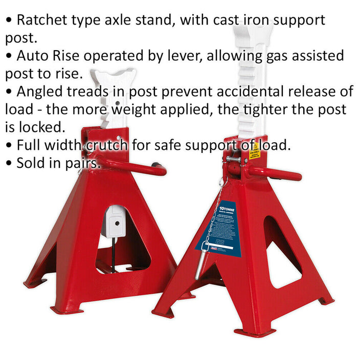 PAIR 10 Tonne Auto Rise Ratchet Axle Stands - Cast Support Post - 775mm Height Loops