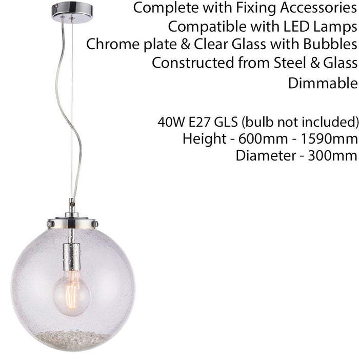 Hanging Ceiling Pendant Light Chrome & GLASS Modern Round Shade Lamp Bulb Holder Loops