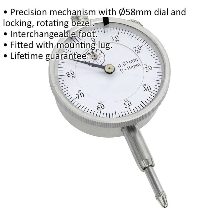 Metric Dial Gauge Indicator - 10mm Travel - Mounting Lug - Rotating Bezel Loops