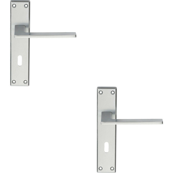 2x Flat Straight Lever on Lock Backplate Door Handle 180 x 40mm Satin Chrome Loops