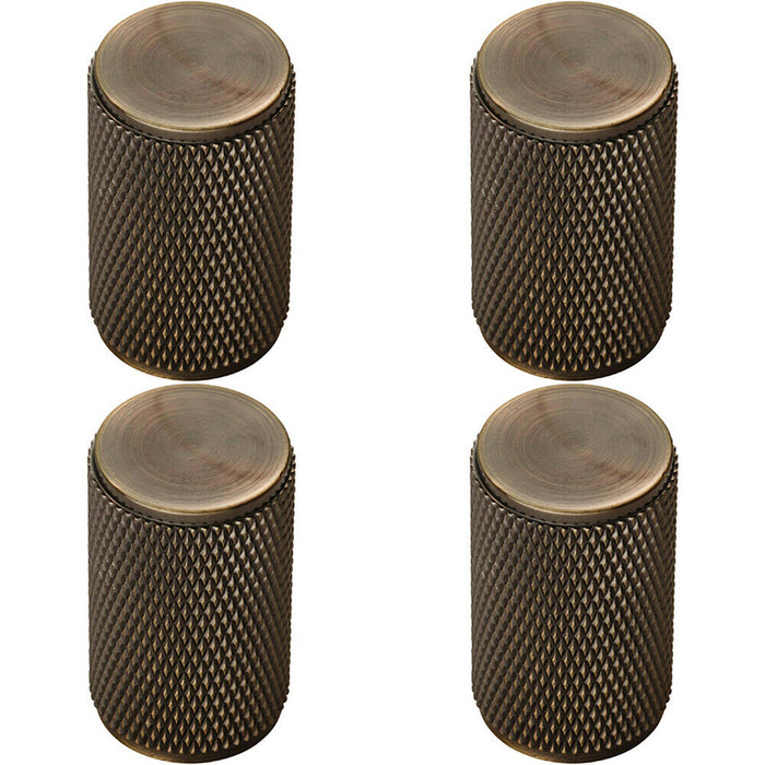4x Knurled Cylindrical Cupboard Door Knob 18mm Dia Antique Brass Cabinet Handle Loops