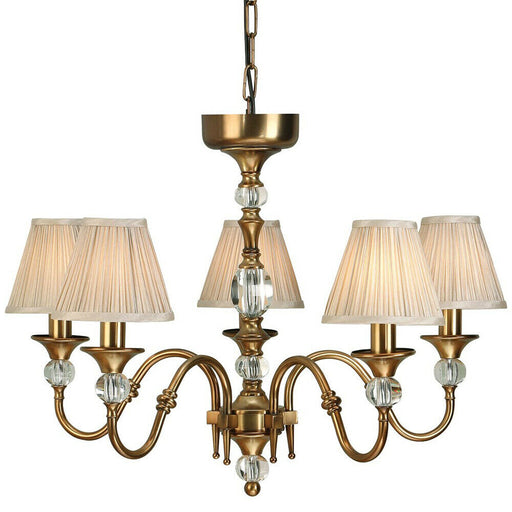 Diana Ceiling Pendant Chandelier Antique Brass & Beige Pleat Shade 5 Lamp Light Loops