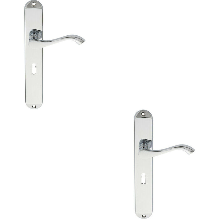 2x PAIR Curved Handle on Long Slim Lock Backplate 241 x 40mm Polished Chrome Loops