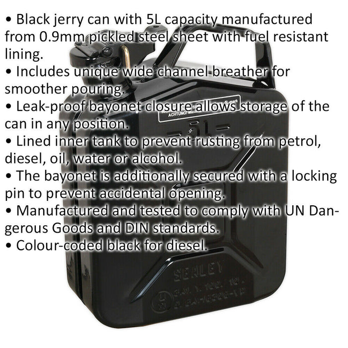 5 Litre Jerry Can - Leak-Proof Bayonet Closure - Fuel Resistant Lining - Black Loops