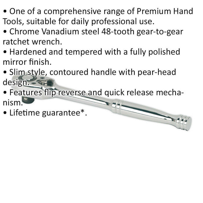 48-Tooth Pear-Head Ratchet Wrench - 1/2 Inch Sq Drive - Flip Reverse Mechanism Loops
