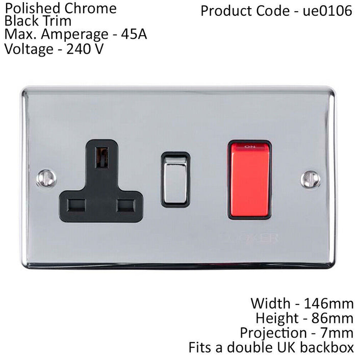 45A DP Oven Switch & Single 13A Switched Power Socket CHROME & Black Trim Loops