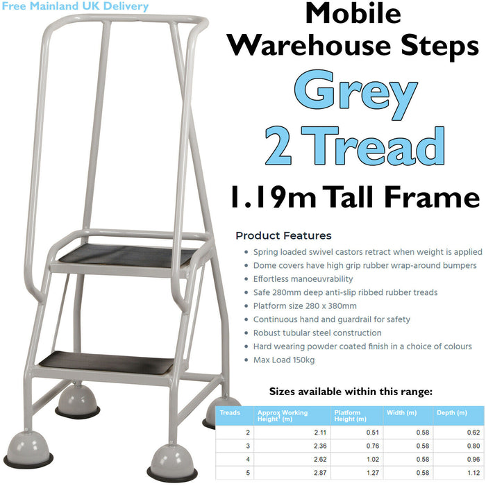 2 Tread Mobile Warehouse Steps GREY 1.19m Portable Safety Ladder & Wheels Loops