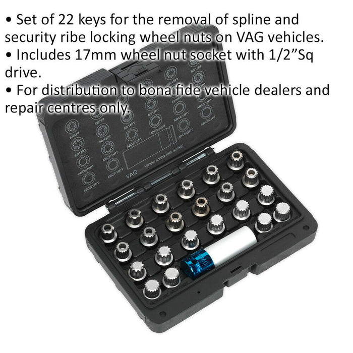 23pc Locking Wheel Nut Key Set - DEALERS/REPAIR CENTRES ONLY - For VAG Vehicles Loops