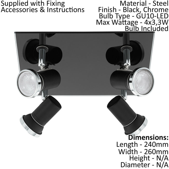 Flush Ceiling Light Colour Black Chrome Shade Clear Glass Bulb GU10 4x3.3W Loops