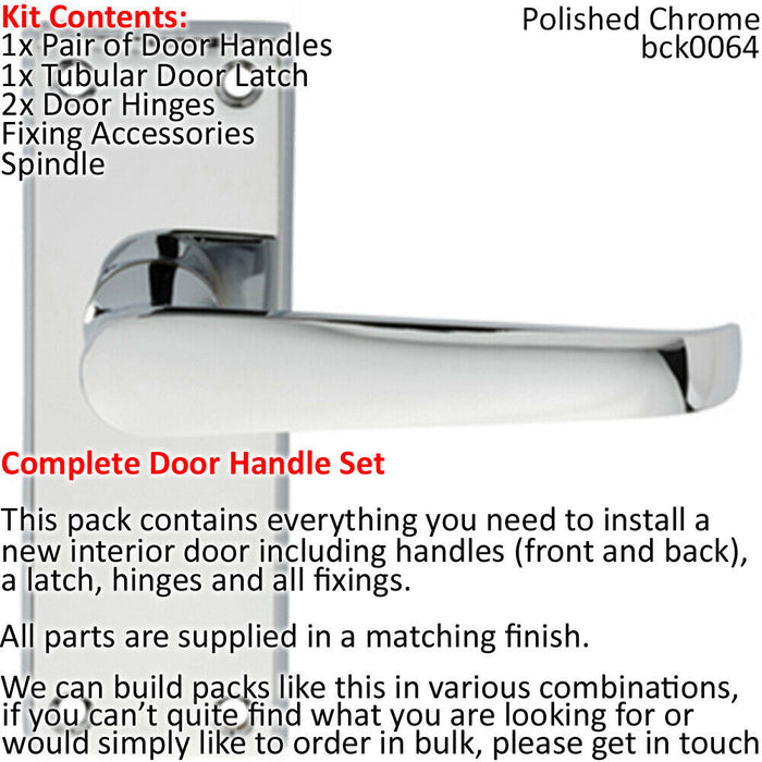 Door Handle & Latch Pack Chrome Straight Lever on Square Backplate 118 x 42mm Loops