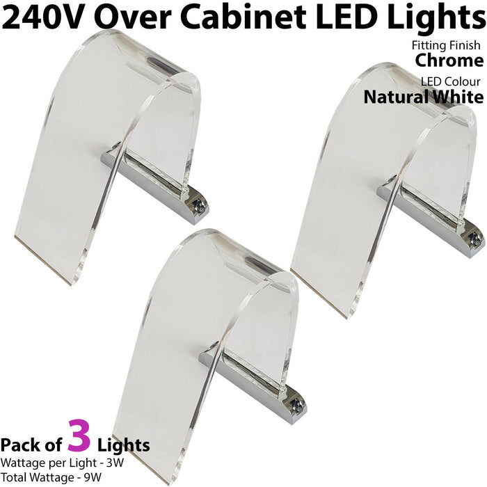 3x Over Cabinet LED Kit NATURAL WHITE Curved Glass Light Bathroom Make Up Lamp Loops