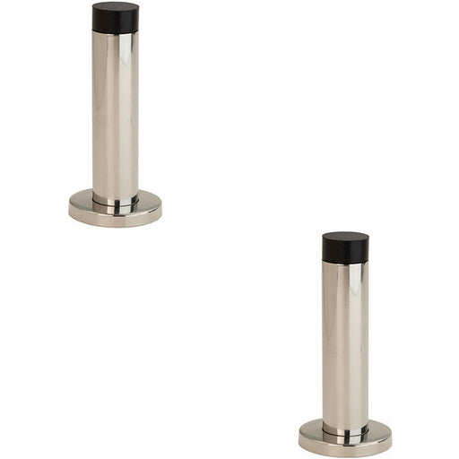 2x Wall Mounted Doorstop Cylinder on Rose Rubber Tip 102 x 22mm Bright Steel Loops