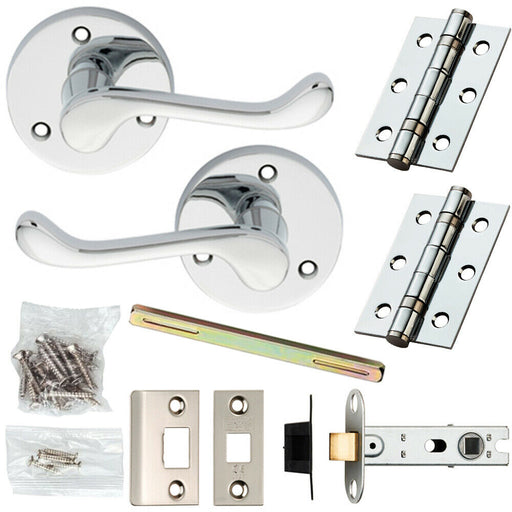Door Handle & Latch Pack Chrome Victorian Scroll Curved Lever 58mm Round Rose Loops