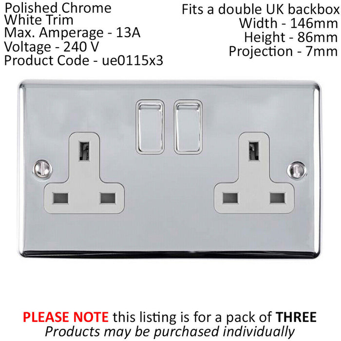 3 PACK 2 Gang Double UK Plug Socket POLISHED CHROME 13A Switched White Trim Loops