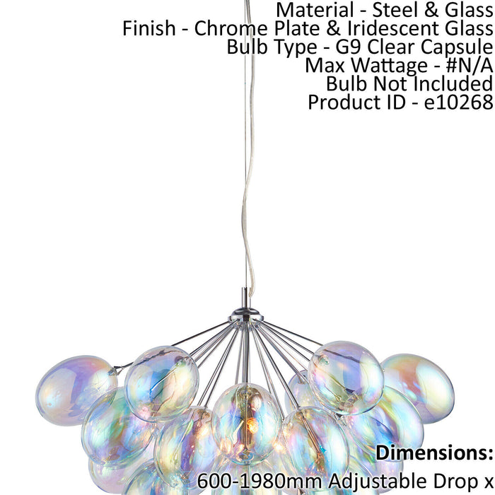 Ceiling Pendant Light Chrome Plate & Iridescent Glass 6 x 28W G9 Dimmable Loops