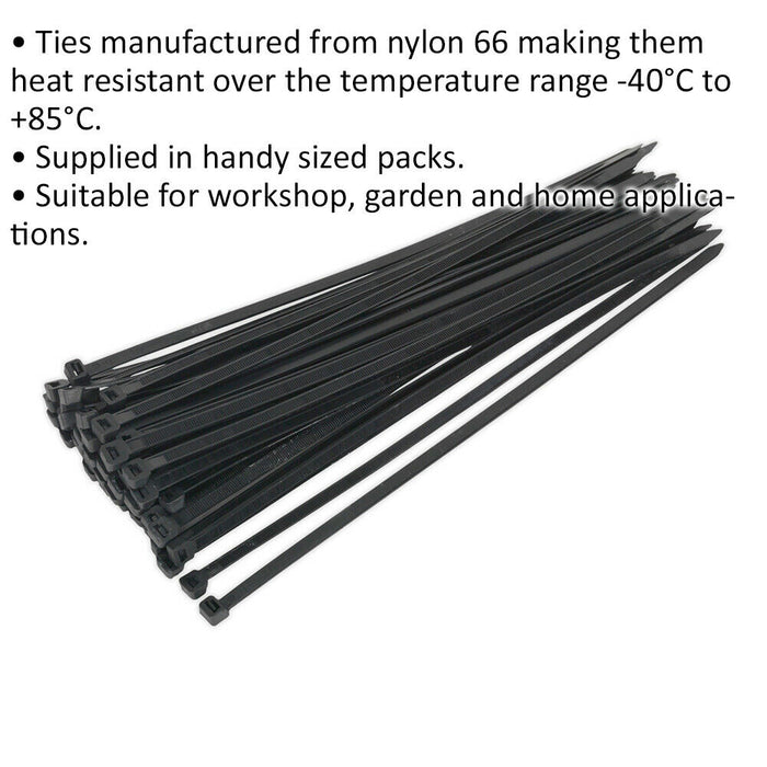 50 PACK Black Cable Ties - 350 x 7.6mm - Nylon 66 Material - Heat Resistant Loops