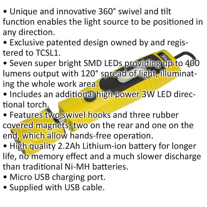 360° Swivel Inspection Light - 7 SMD & 3W SMD LED - Rechargeable - Yellow Loops