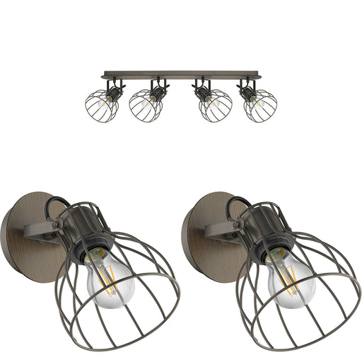 Quad Ceiling Light & 2x Matching Wall Lights Industrial Metal Cage Asjustable Loops