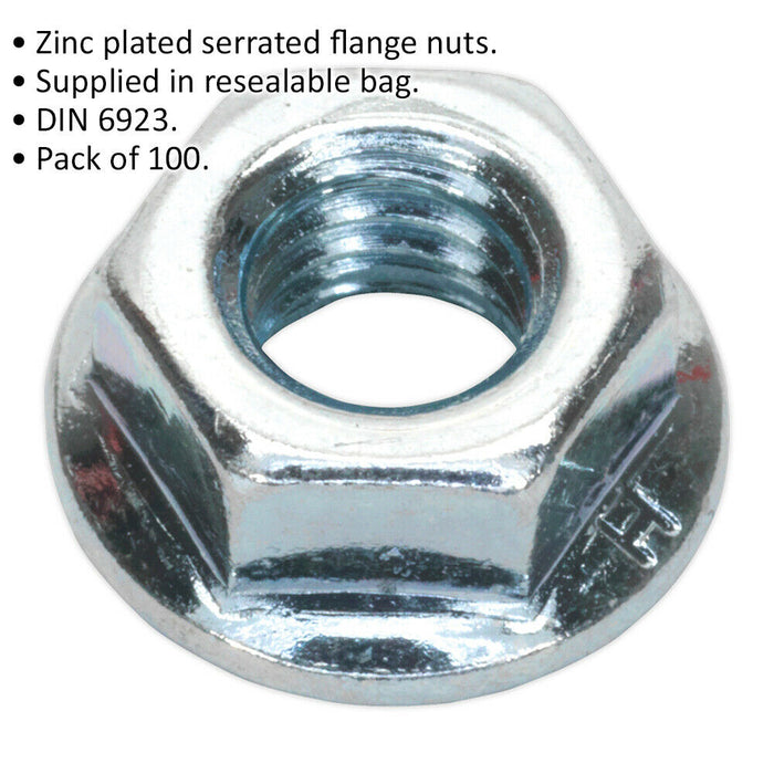 Pack of 100 Zinc Plated Serrated Flange Nut - 1.25mm Pitch - M8 - DIN 6923 Loops