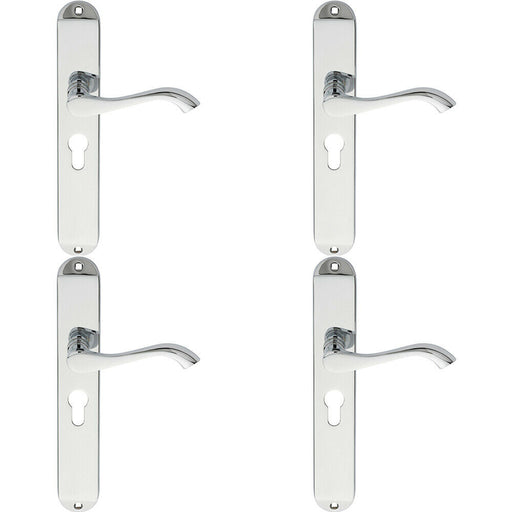4x PAIR Curved Lever on Long Slim Euro Lock Backplate 241 x 40mm Polished Chrome Loops