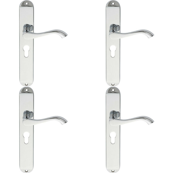 4x PAIR Curved Lever on Long Slim Euro Lock Backplate 241 x 40mm Polished Chrome Loops