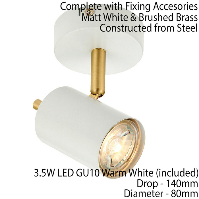LED Tilting Ceiling Spotlight White & Brass Warm White Single Shade Down Light Loops