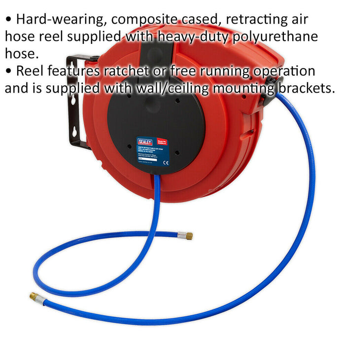15m Retractable Air Hose Real - Heavy Duty 8mm PU Hose - 1/4" BSP Inlet & Outlet Loops
